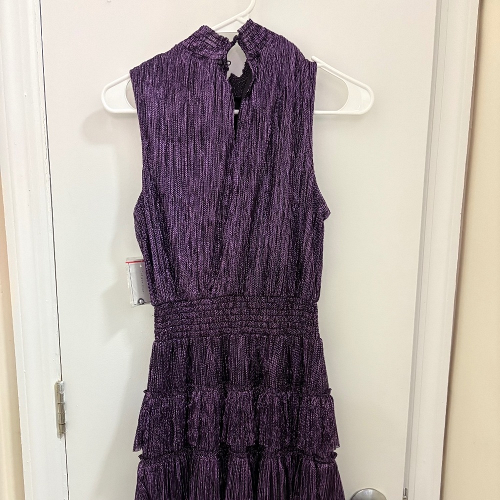 ✨1.STATE Metallic Pleated Tiered Mini Dress – Purple – XS – NWT✨